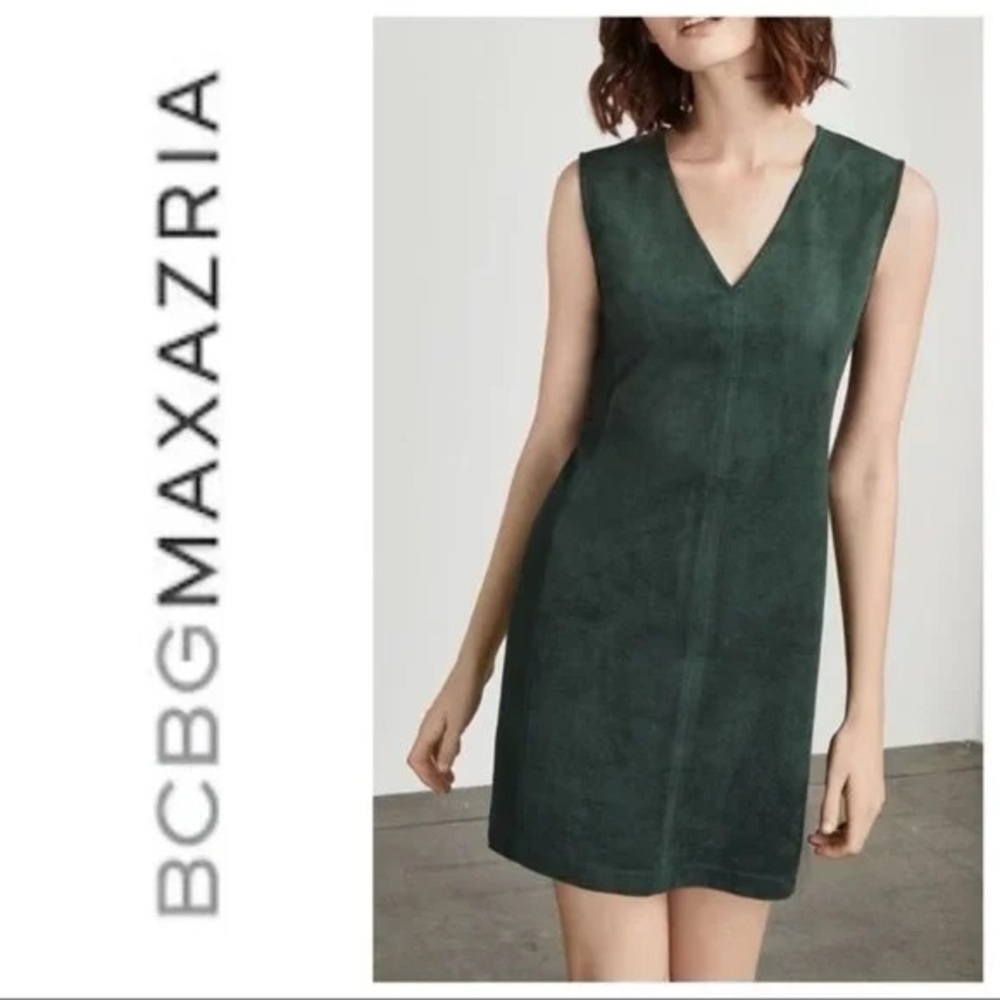 BCBGMAXARIA Malina Faux Suede V-neck Dress- Alpine Green - Small